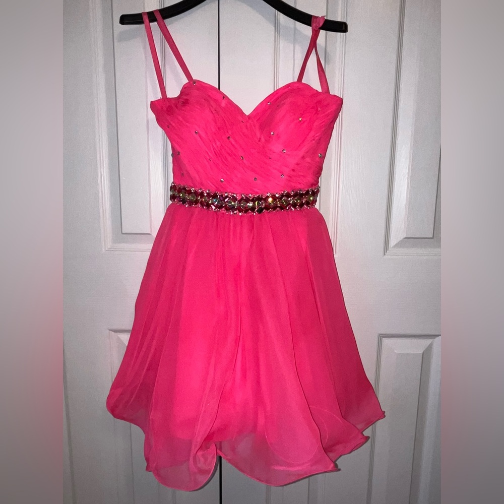 Mori Lee Cocktail Length Strapless Pink Dress w/ Silver Jeweled Waistband Size 4